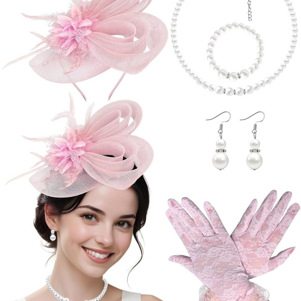 Vintage 1920s Fascinator Hat Bow-Tied Lace Gloves Bridesmaid Party Wear